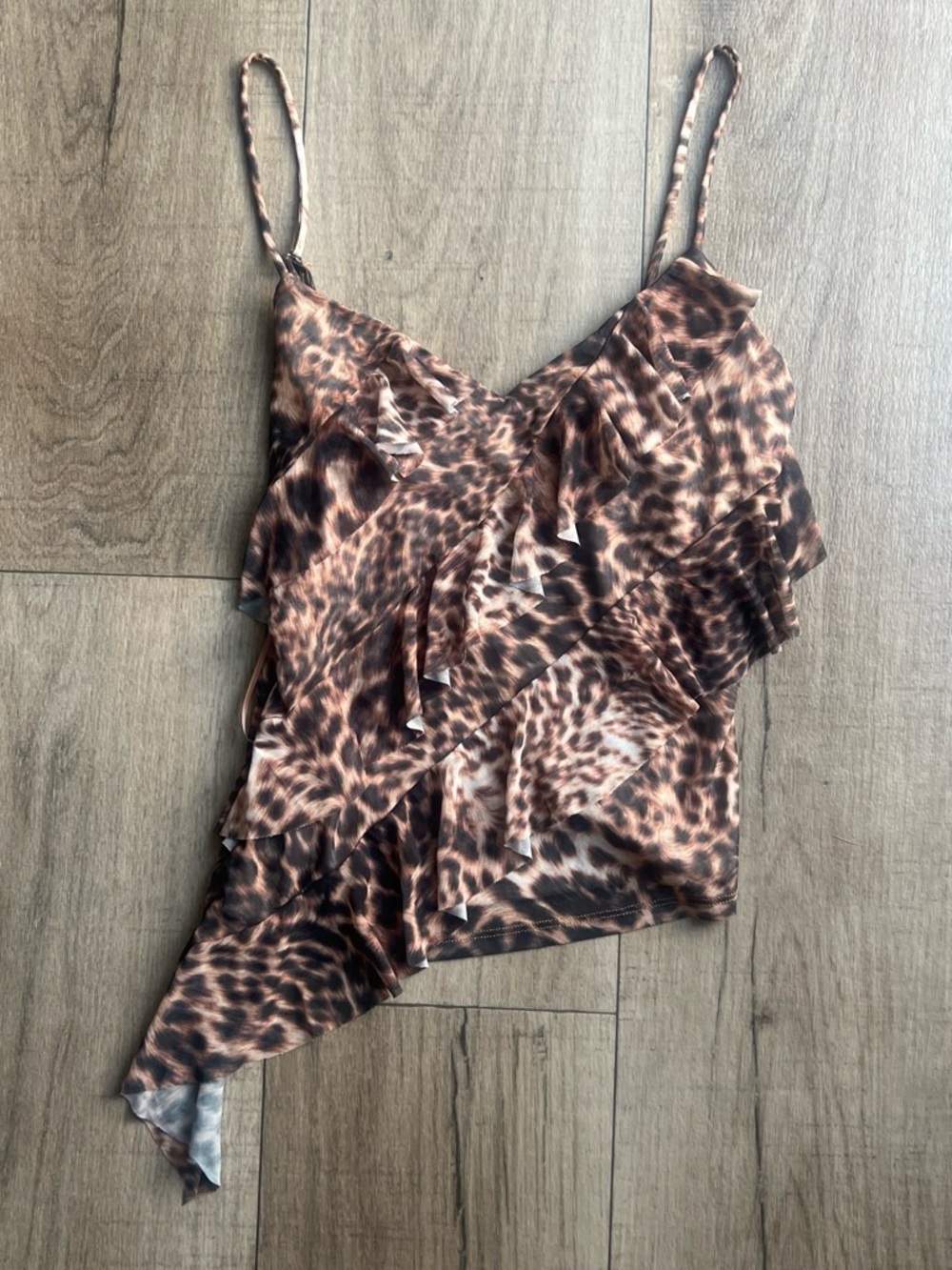 Leopard Print Ruffle Asymmetrical Cami Top - Brown